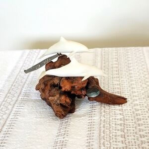 John Perry Double Dolphins Sculpture Figurine on Burl Wood Base